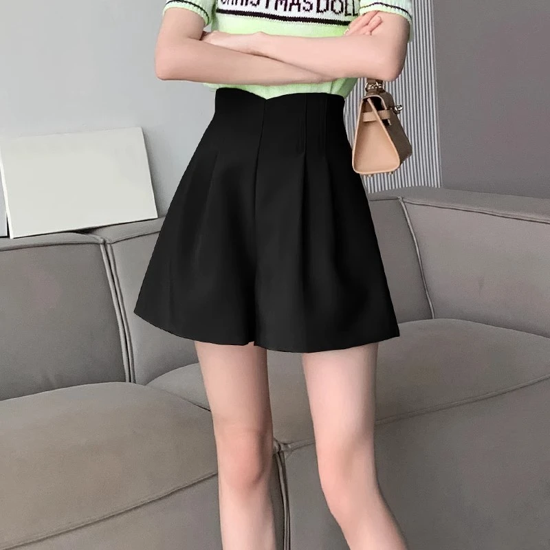 黑色阔腿西装裤女2024春夏新款小个子时尚高腰休闲裤A字花苞短裤