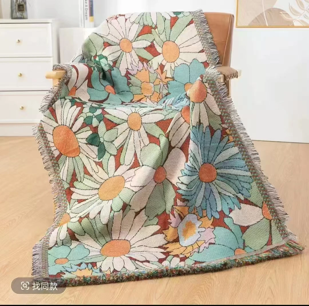 【彩色花朵】  斜纹编制流苏多用床盖 飘窗垫 沙发巾可当浴巾80/180