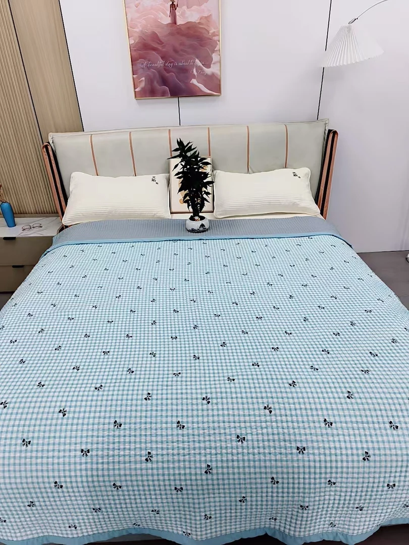 蓝色格子控   云纱棉绗缝舒适透气加厚多用床盖 2/2.3