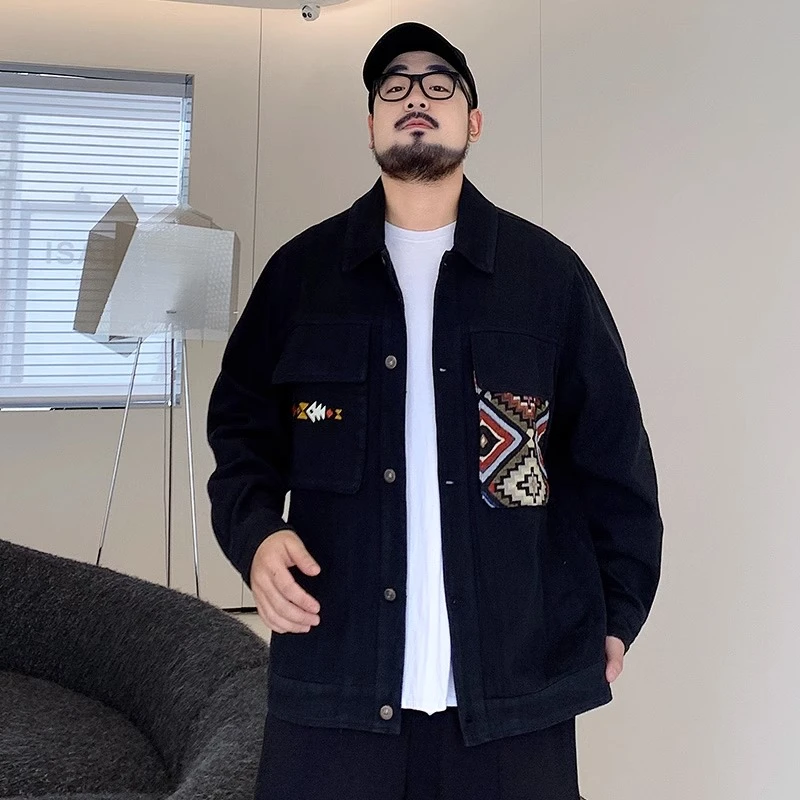 大码男春秋新款胖子加肥加大宽松牛仔外套翻领休闲潮流夹克20潮男