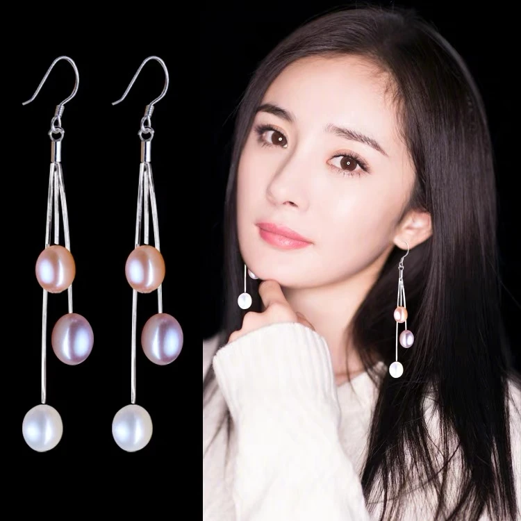 专柜爆款淡水天然珍珠混色纯银耳环女长款流苏百搭气质高级感耳坠