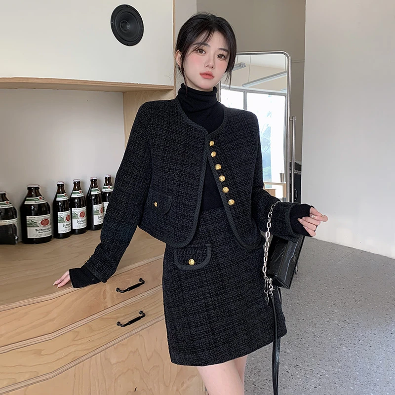 大码女装法式小香风加棉短外套高腰包臀短裙深秋装搭配