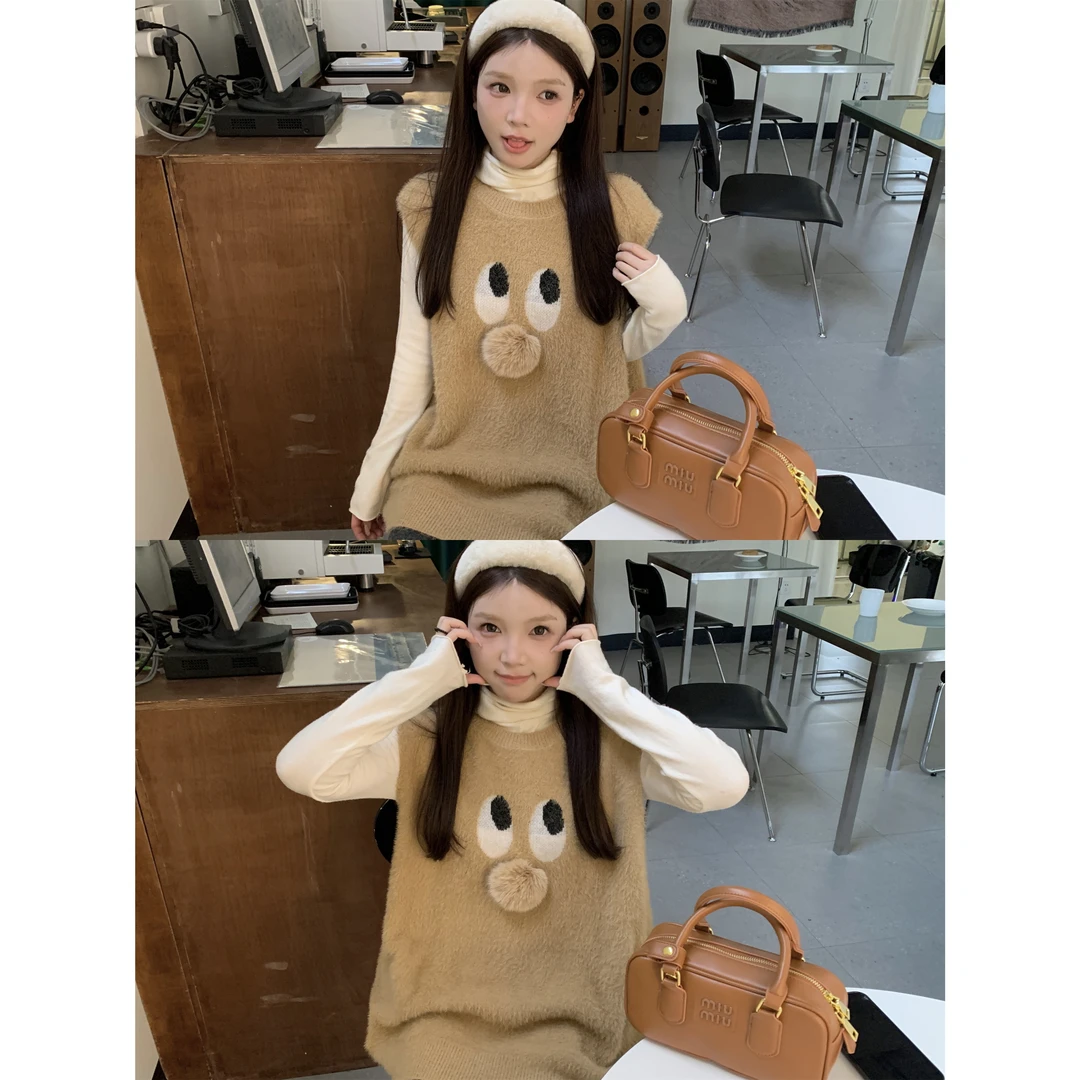 大码甜美软糯纯色叠穿马甲秋季新款女装胖mm显瘦宽松慵懒毛衣背心