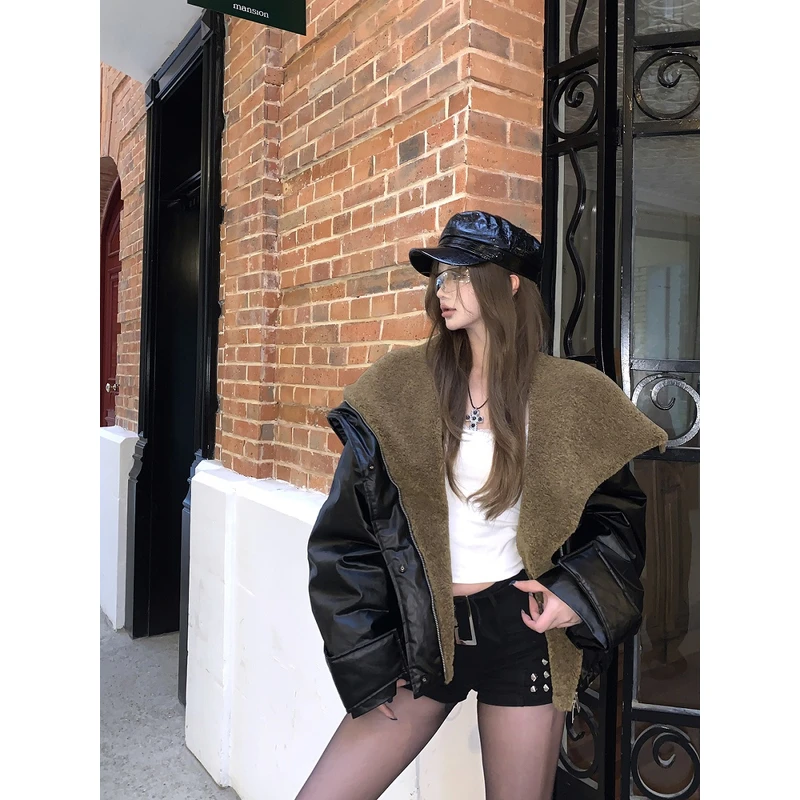 韩版极简高质感毛绒大翻领棉衣外套女2025年秋冬新款气质显瘦外套