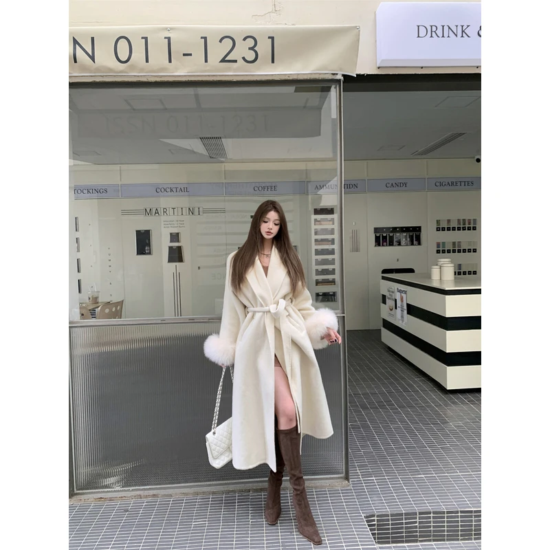 韩版气质设计感毛毛拼接系带毛呢大衣女秋季时尚百搭长袖过膝外套