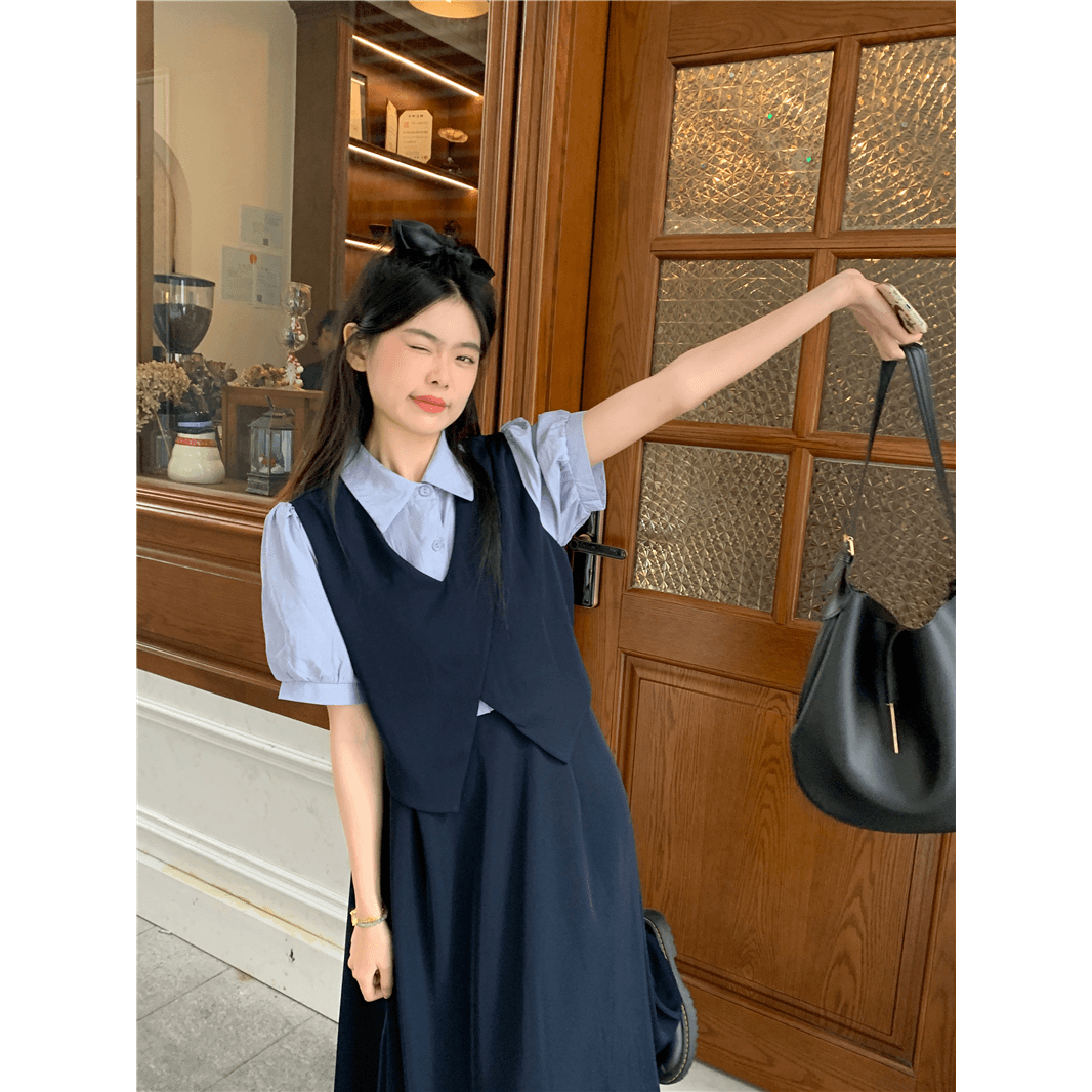 大码女装高级感微胖连衣裙女夏季胖mm泡泡袖设计感显瘦遮肚裙子女