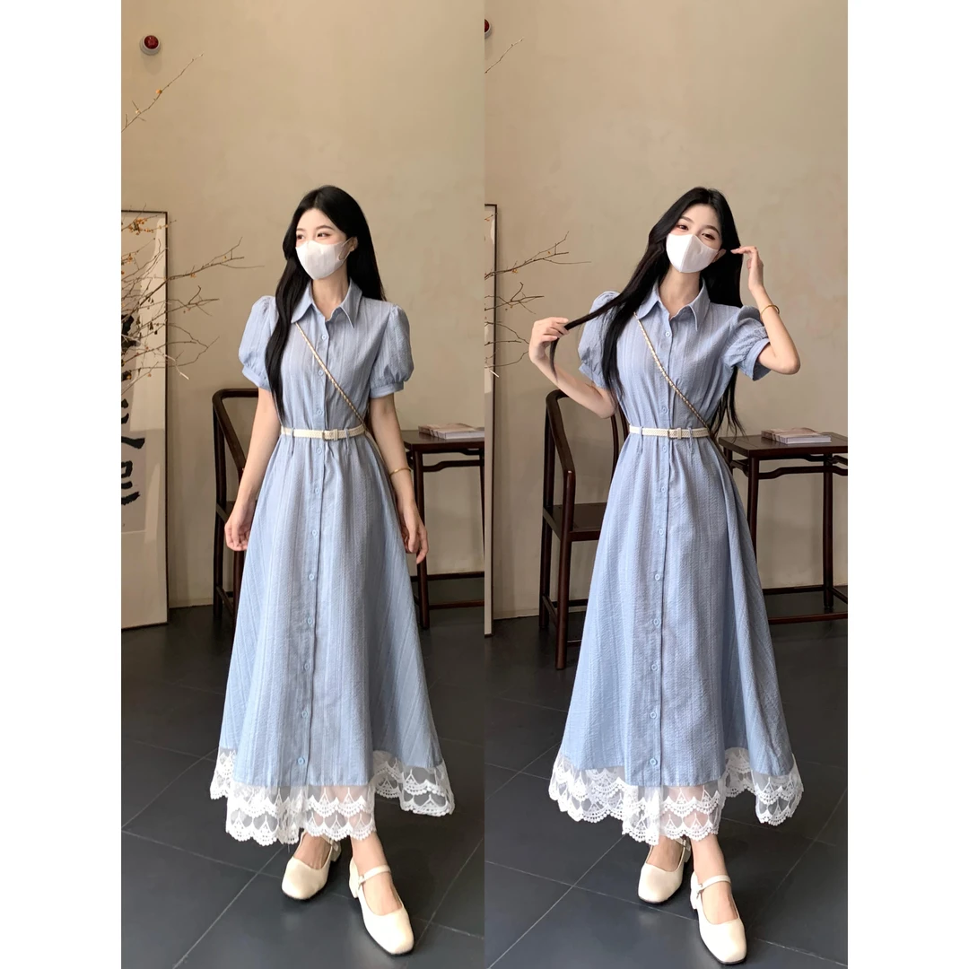 大码法式翻领短袖连衣裙女简约夏季蕾丝花边收腰大摆长裙时尚洋气