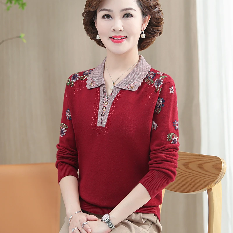 中年妈妈装春秋款长袖针织衫50岁中老年女翻领打底衫洋气新款上衣