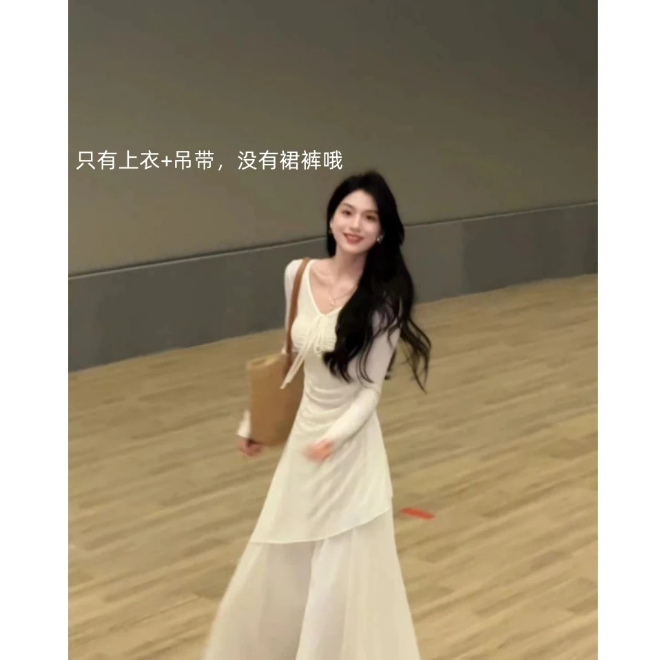 现货木木家 休闲法式气质中长款上衣+吊带 H0978