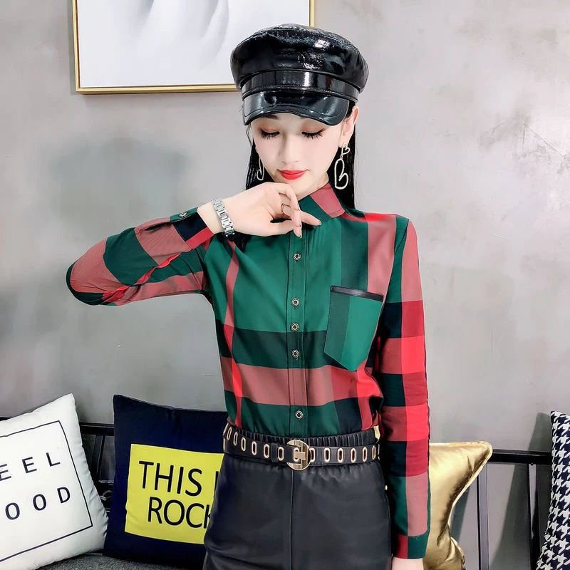 绿格子条纹气质衬衫春秋上衣女长袖冬季首选时尚休闲衬衣女士秋季