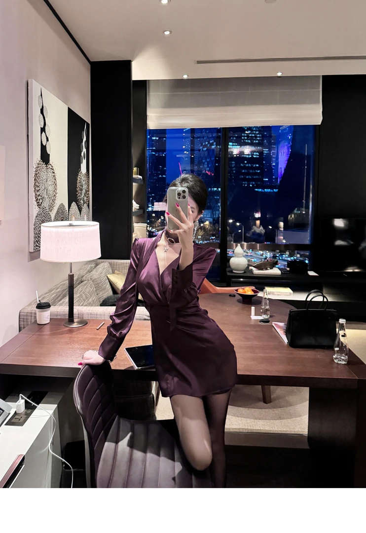 【勃垦第晚宴】御姐高贵气质高级V领显瘦约会连衣裙 超有女人味短裙