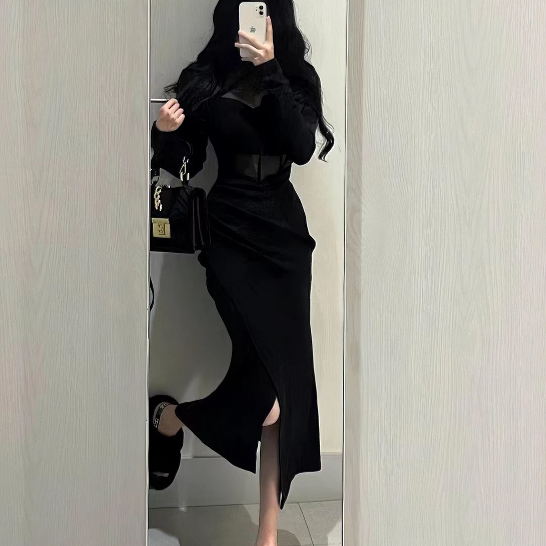 九亿  秋季新款辣妹性感修身黑色鱼骨裙网纱拼接长裙连衣裙长袖