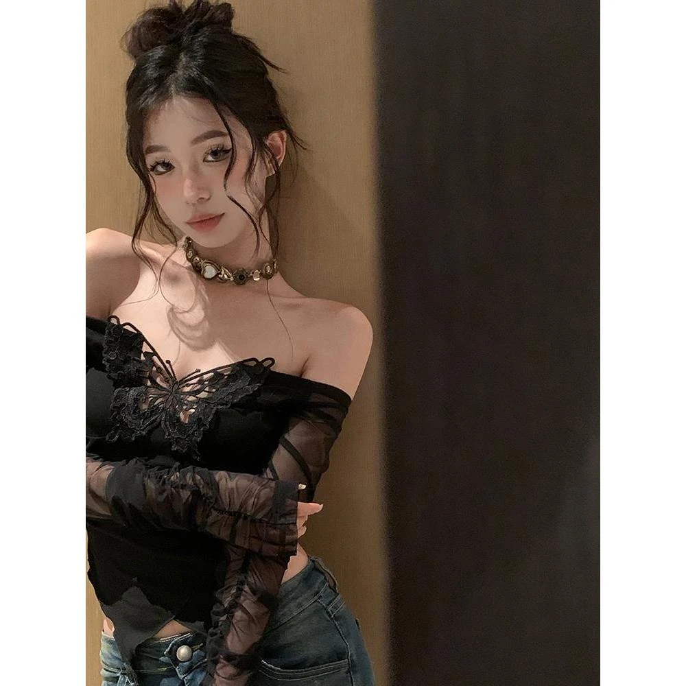 纯欲辣妹穿搭黑蝴蝶小众设计感一字肩上衣女外穿抹胸防晒长袖t恤