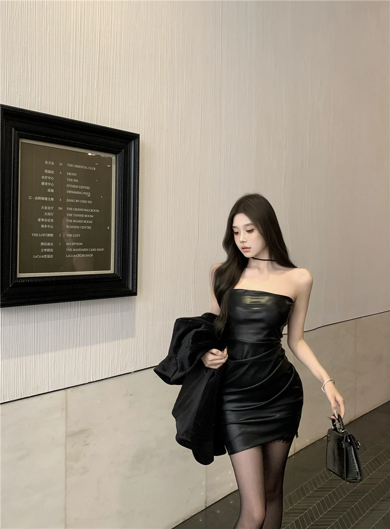 黑巧恋人 纯欲风pu皮修身辣妹抹胸裙蕾丝拼接性感包臀短裙连衣裙