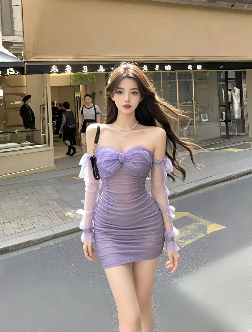 纯欲风辣妹性感紫色一字肩蕾丝拼接褶皱连衣裙收腰显瘦包臀短裙女