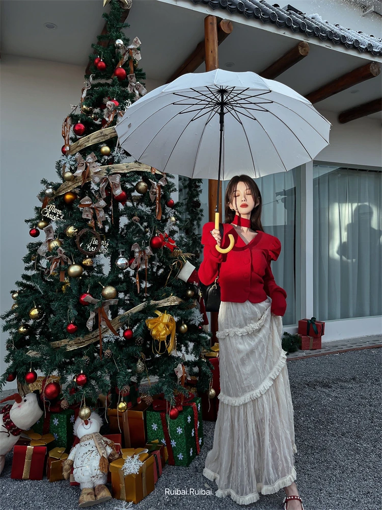 新年红色氛围感韩版挂脖V领气质针织开衫宽松气质流苏蛋糕裙套装