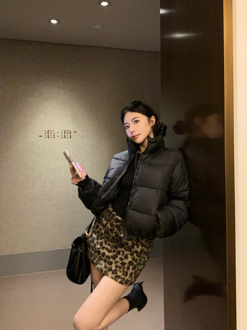 中古洋气复古豹纹毛绒半身裙包臀裙立领短款保暖面包服棉衣外套女