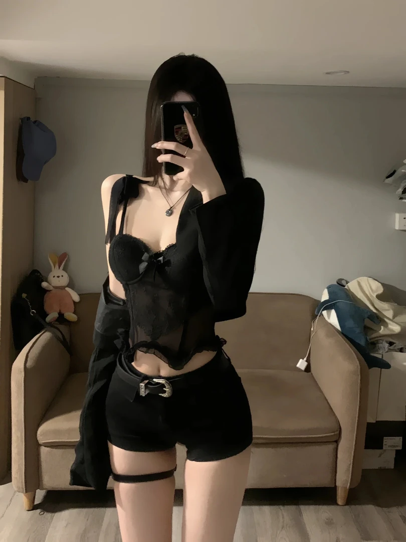 九亿~夏季黑色纯欲风辣妹网纱蕾丝修身显瘦短款吊带背心内衣上衣