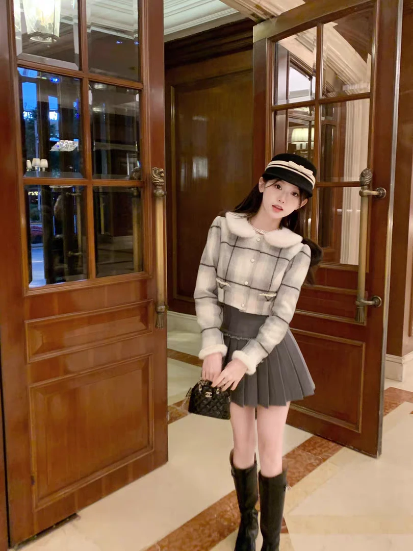 珍妮线格 精致少女感复古甜美格纹翻领毛呢外套高腰显瘦百褶裙女