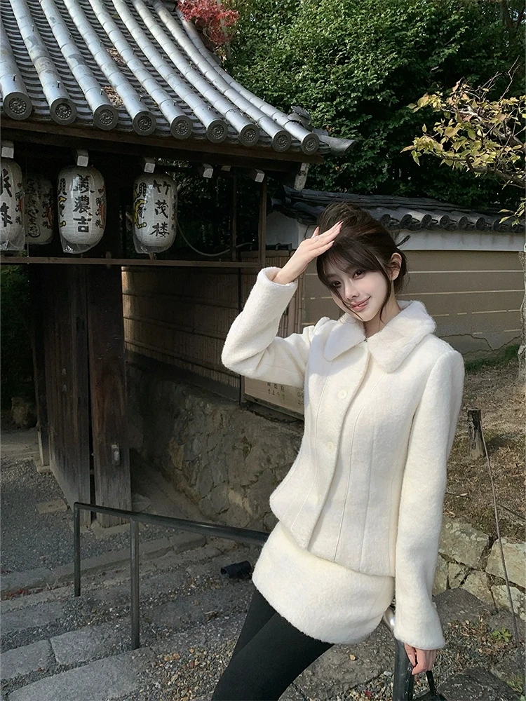 京都千金 名媛气质高级感小香风毛呢外套高腰显瘦包臀半身裙套装