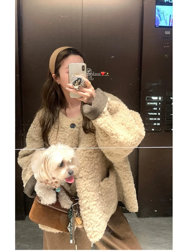 皮毛一体长袖外套女装冬季新款韩系宽松减龄百搭保上衣大码