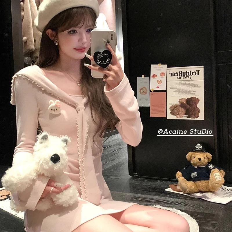 粉色中长款海军领收腰连衣裙女冬季法式内搭叠穿修身裙子