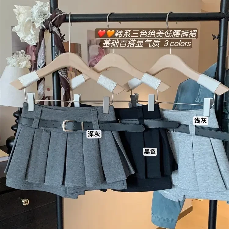 美式学姐辣妹灰色高腰裙裤半身裙女秋季a字裙子小个子百褶短裙