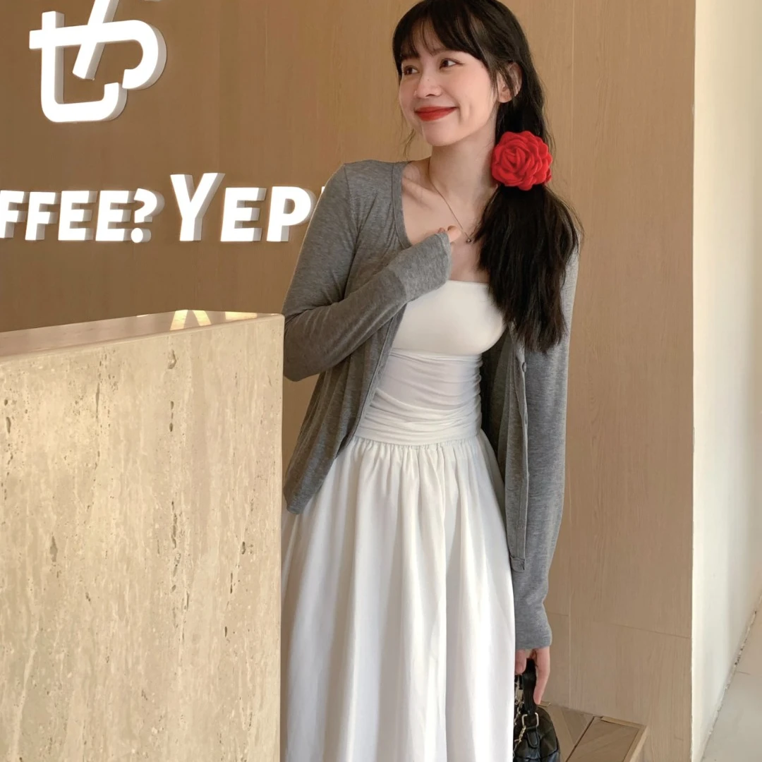 白月光气质套装女夏2024款吊带背心开衫外套半身裙明星同款三件套