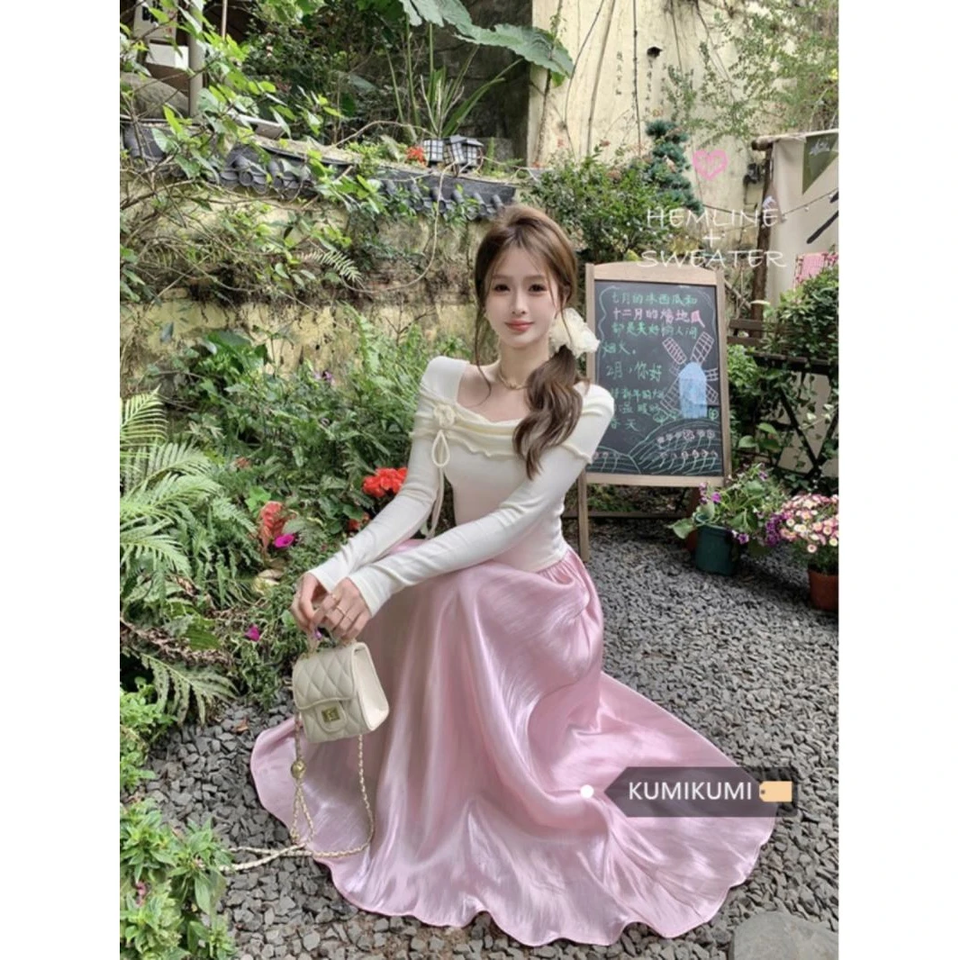 kumikumi温柔风套装女立体玫瑰修身T恤早春松紧腰A字半身裙两件套