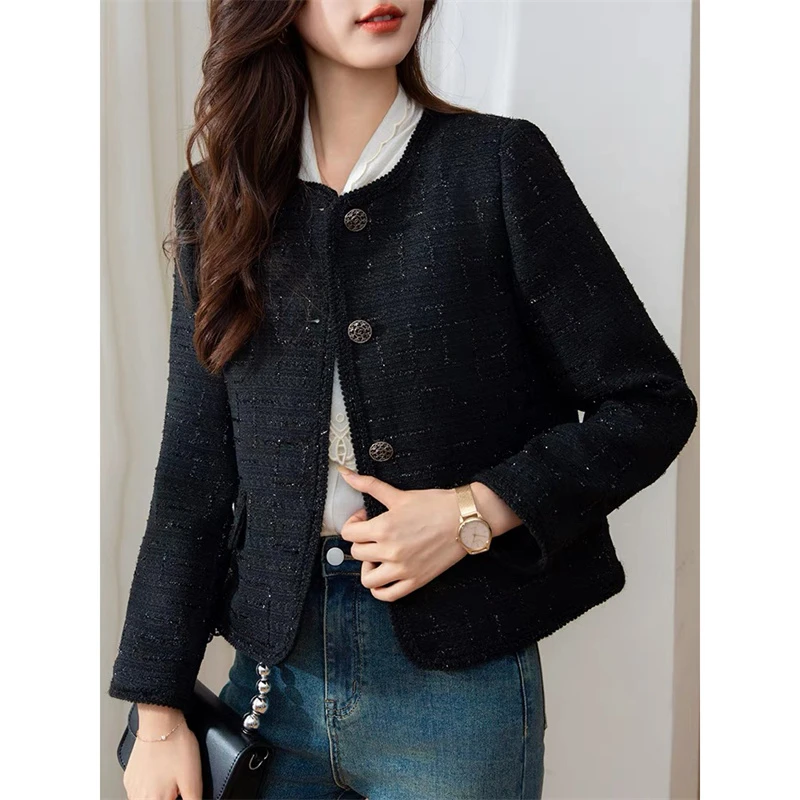 【华姐&原创】WQ33115“夜幕星河”金匆线拼接小个子小香风长袖外套女