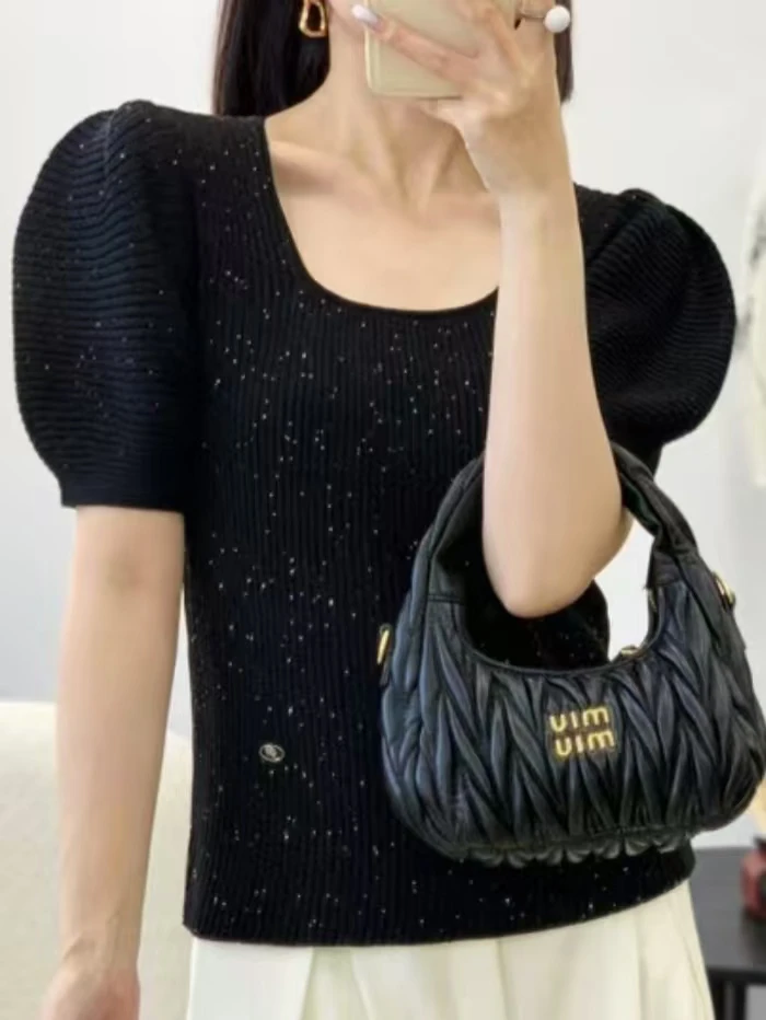 【华姐&原创】GA3159绵羊毛时尚气质泡泡袖柔软针织衫女修身方领