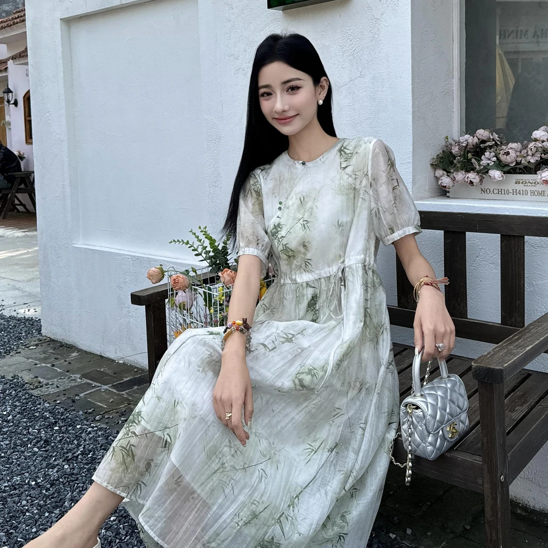 【华姐&原创】LX456056新中式富贵竹叶飘逸圆领高腰连衣裙女新款