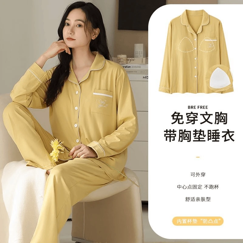 秋季睡衣女带胸垫一体式莫代尔长袖大码春秋款宽松免穿文胸家居服