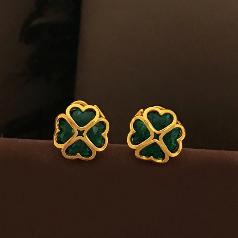 铜合金耳饰 9035通勤百搭复古绿色爱心花朵耳钉耳饰