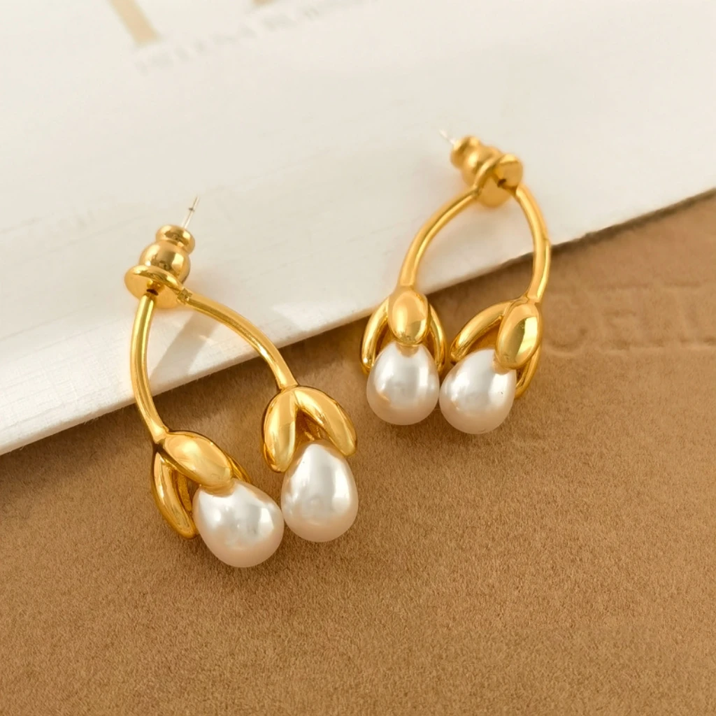 铜合金耳饰 3106法式复古玉兰花苞珠珠耳环后挂式耳钉设计感耳饰