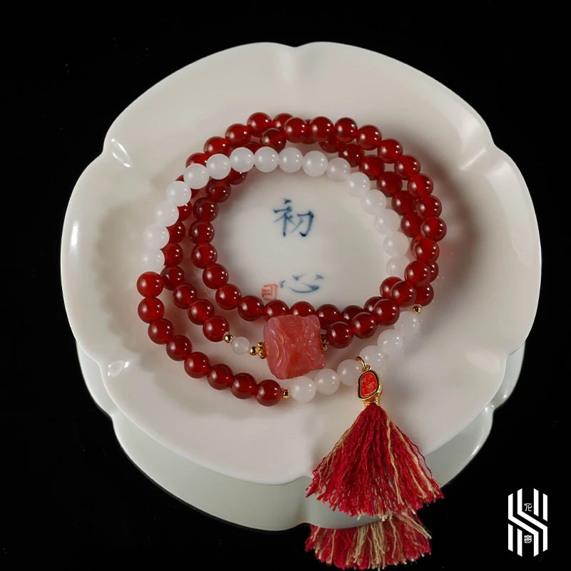 【鹤顶昭华】 玛瑙+和田玉+S925银三圈手串(多样性发)@HSSL0027@