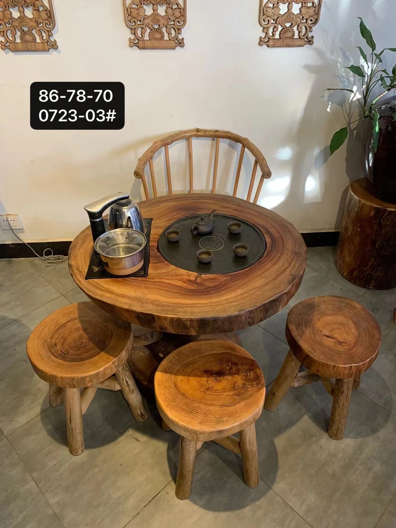 香樟木休闲茶桌圆茶桌原木风茶台