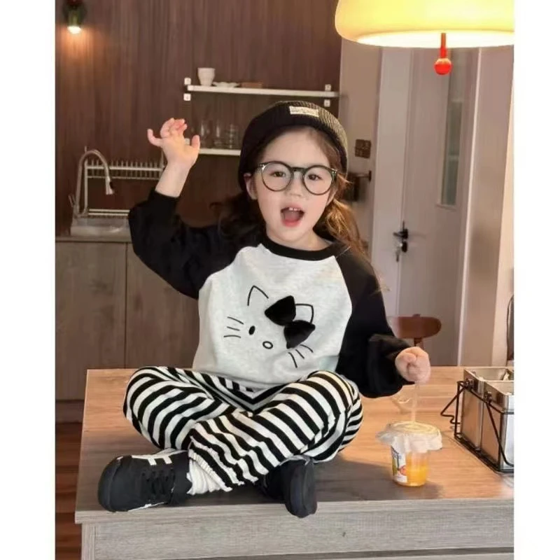 韩系童装女童春秋长袖运动套装宝宝蝴蝶结圆领卫衣条纹休闲卫裤潮