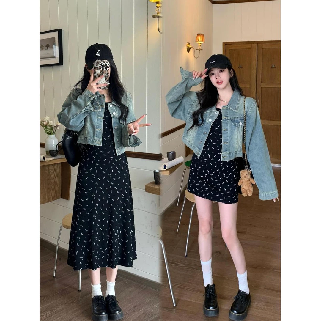 大码女装法式复古碎花修身吊带裙+牛仔外套春秋胖mm气质显瘦吊带