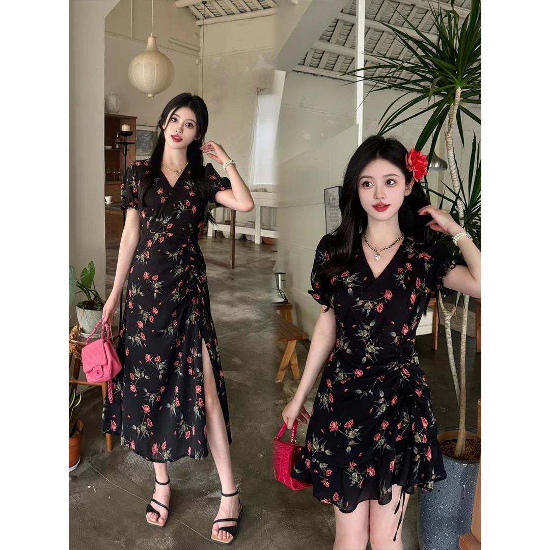 大码胖mm法式碎花短袖连衣裙夏季新款V领收腰显瘦设计感开叉长裙