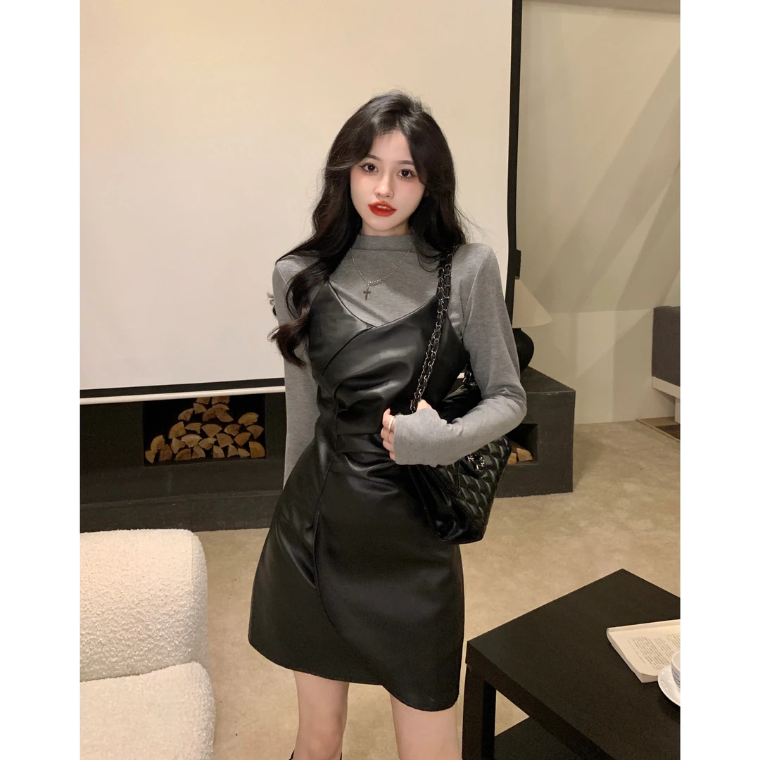 大码胖MM法式打底衫吊带连衣裙女秋冬新款高级感气质显瘦皮裙套装