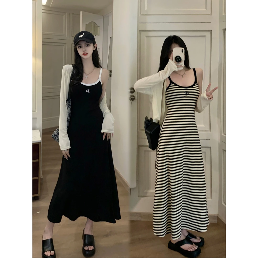 大码女装纯欲风条纹显瘦连衣裙2024新款胖mm开衫配吊带裙两件套装