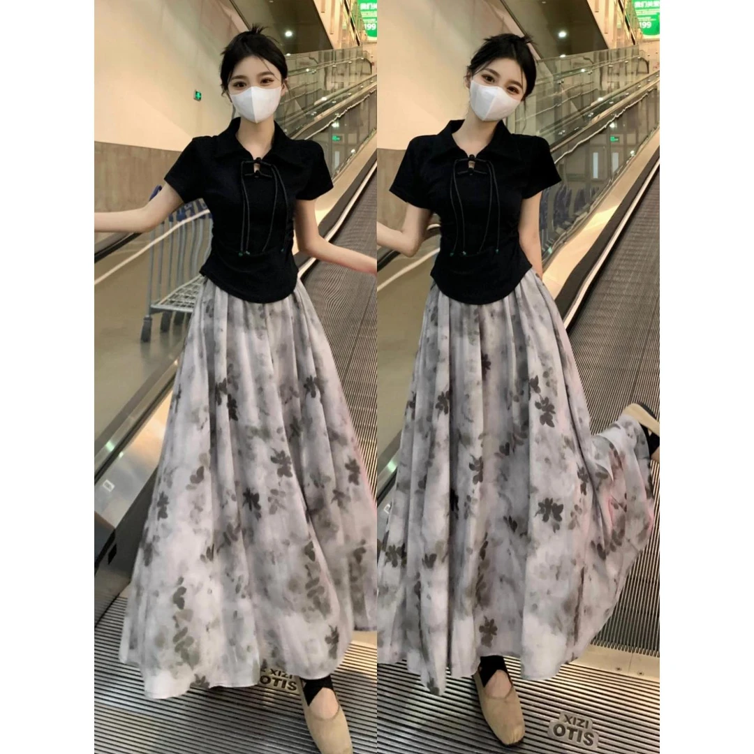 新中式流苏国风黑色正肩T恤短款上衣女夏季新款大码胖mm半身裙子