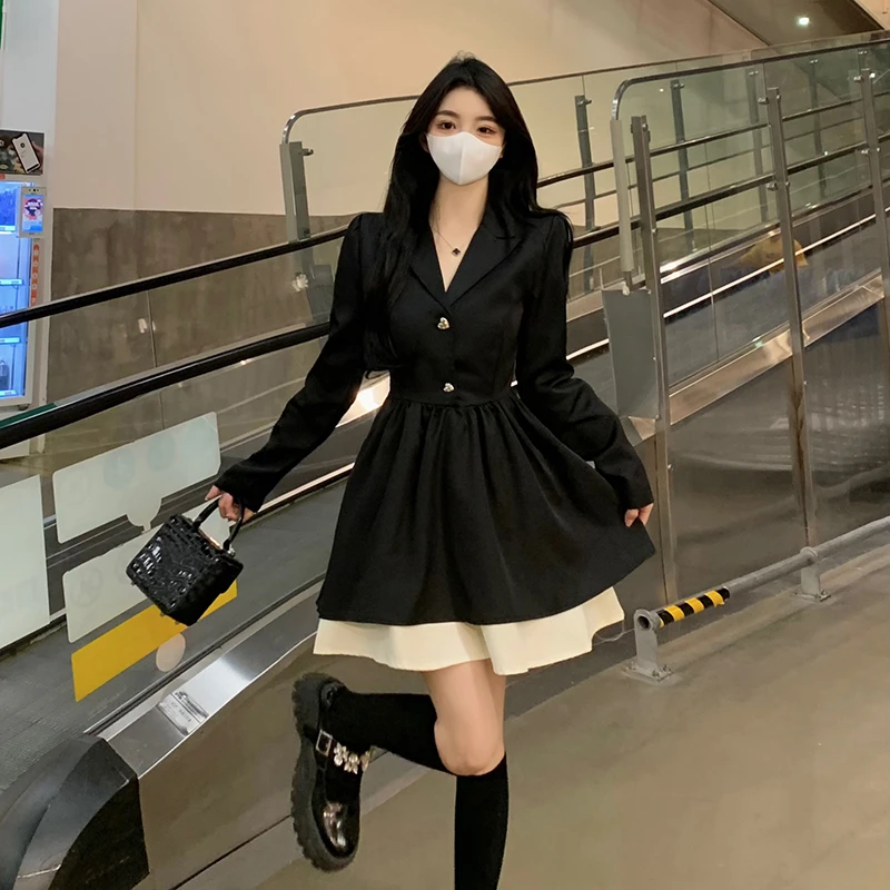 胖mm法式高级感气质黑色西装连衣裙女秋季大码收腰显瘦公主蓬蓬裙