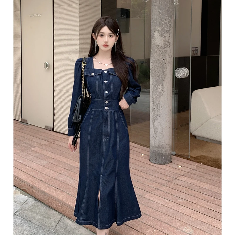 大码胖mm秋季泡泡袖法式牛仔连衣裙子高腰显瘦开叉鱼尾中长a字裙