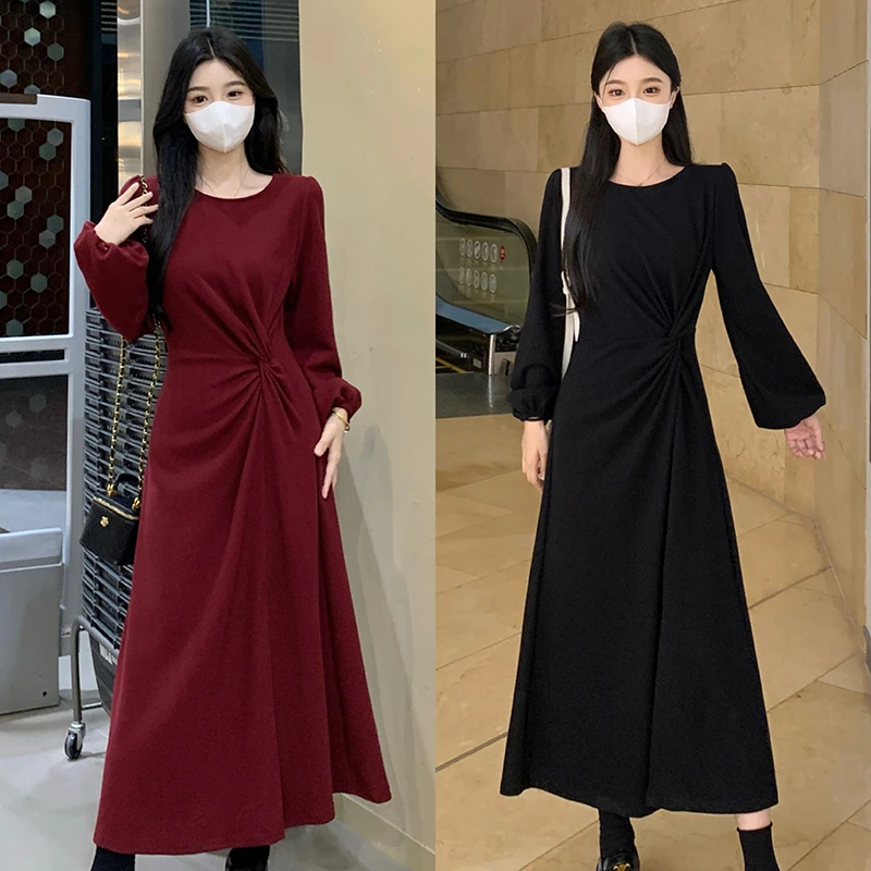 大码胖mm不规则加厚扭结褶皱开叉连衣裙女秋冬内搭收腰显瘦长裙子