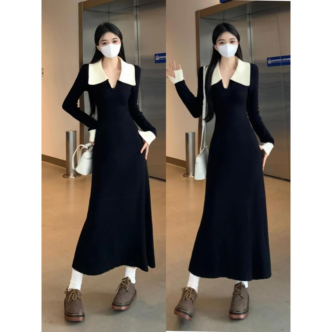 法式撞色翻领高级感针织连衣裙秋冬大码可单穿内搭打底毛衣长裙子