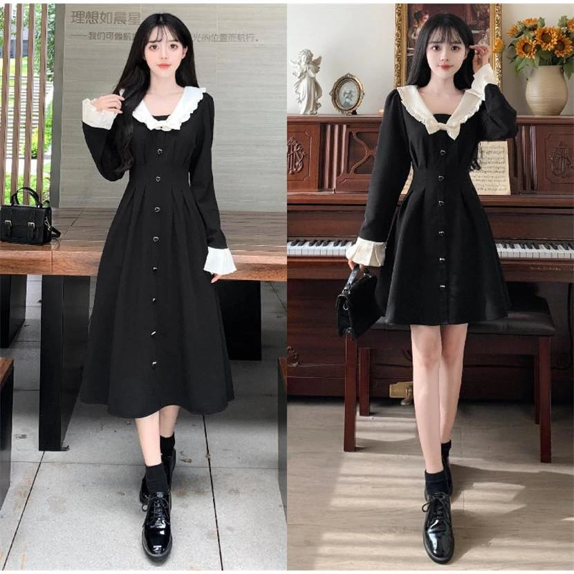 大码女装胖mm遮肉赫本风连衣裙女秋季新款娃娃领设计感气质a字裙