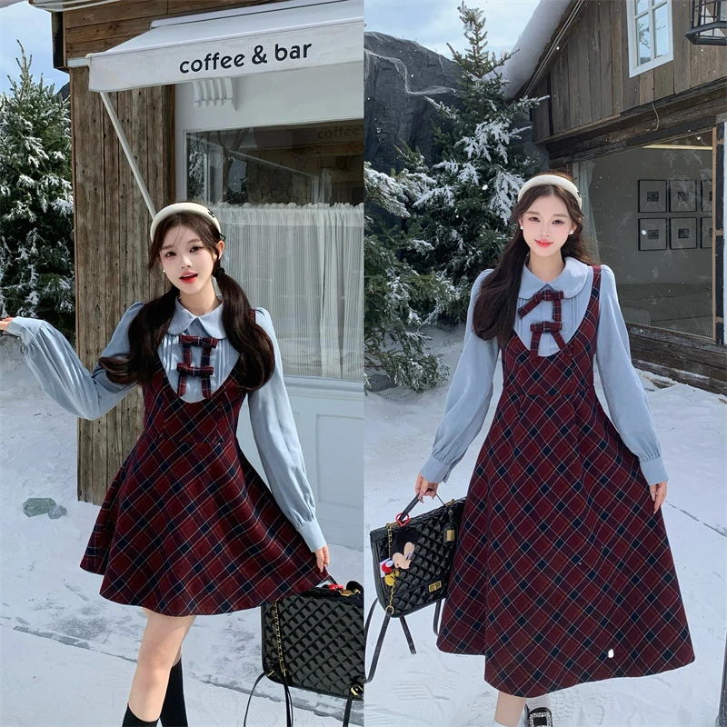 大码学院风格纹假两件连衣裙女2025秋季新款胖mm收腰收腰气质裙子