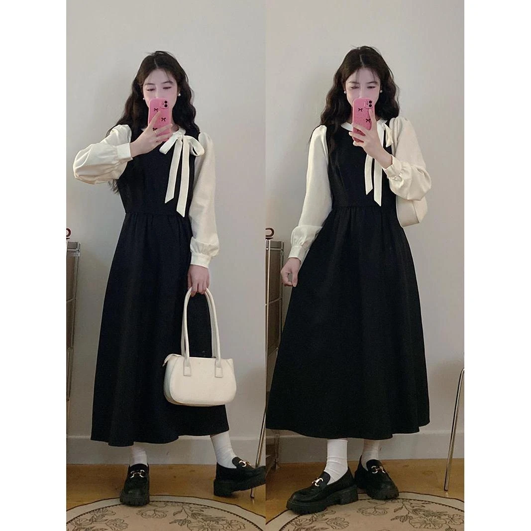 大码女装胖mm秋季新款2024法式蝴蝶结拼接假两件收腰长裙连衣裙女